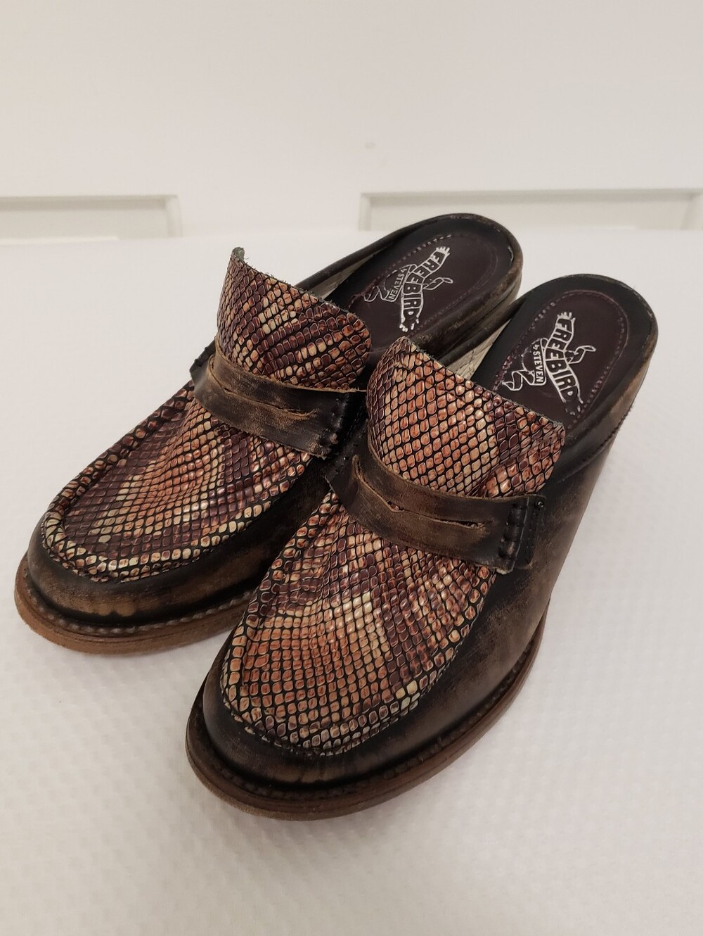 Freebird By Steven Collins Brown Snake Embossed Leather Mules Size 8